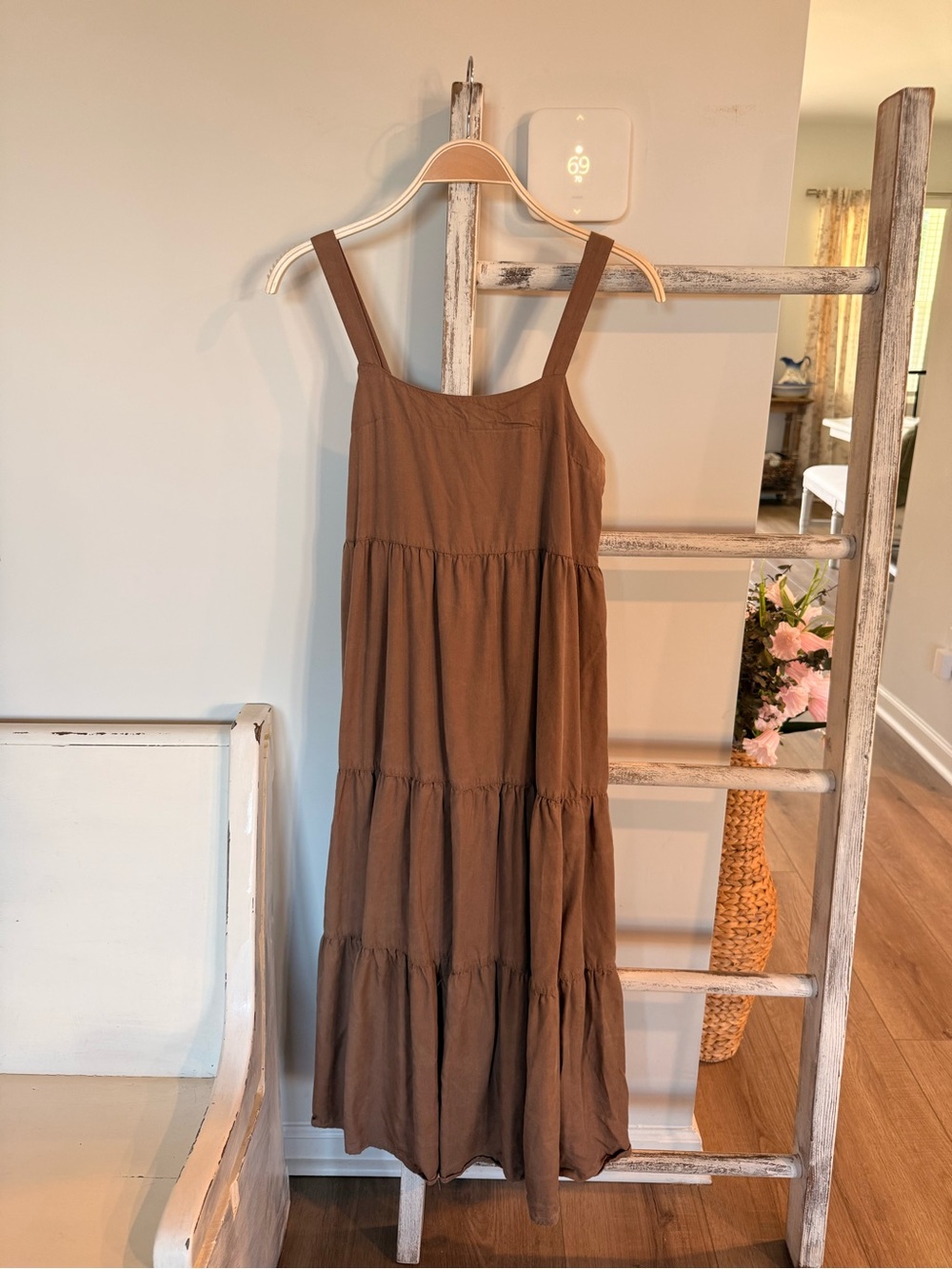 The Drop brown tiered maxi dress boho relaxed oversized with pockets Size Small